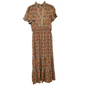 Women's Floral Smocked Waist Tiered Dress Sz Medium Summer Fall Feminine Boho